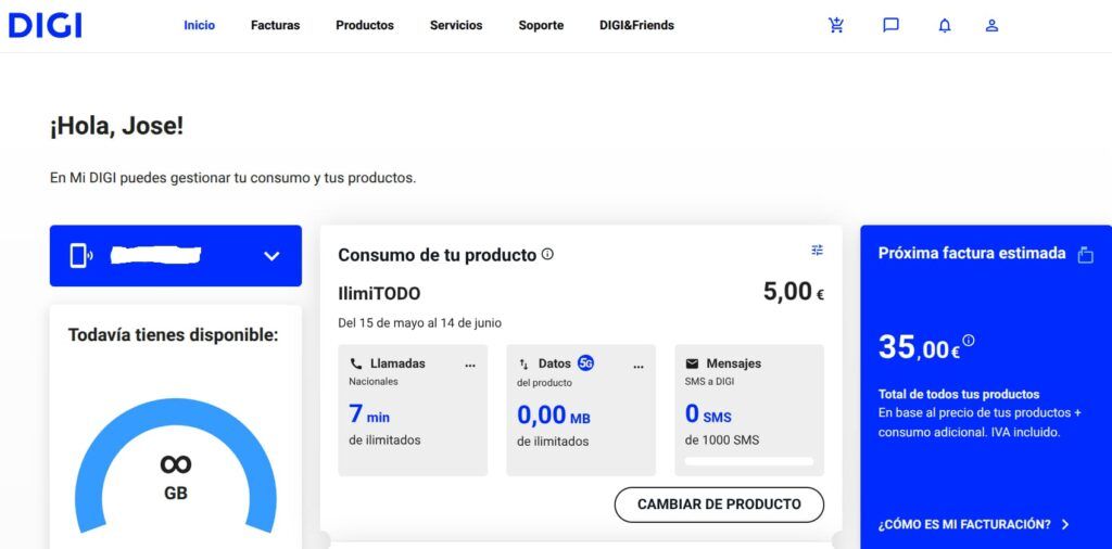 Web oficial de Digi con el consumo de gigas.