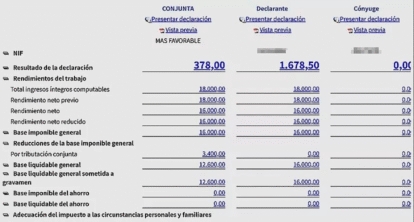 Resultado de comparar declaración renta conjunta o individual en el simulador de Hacienda