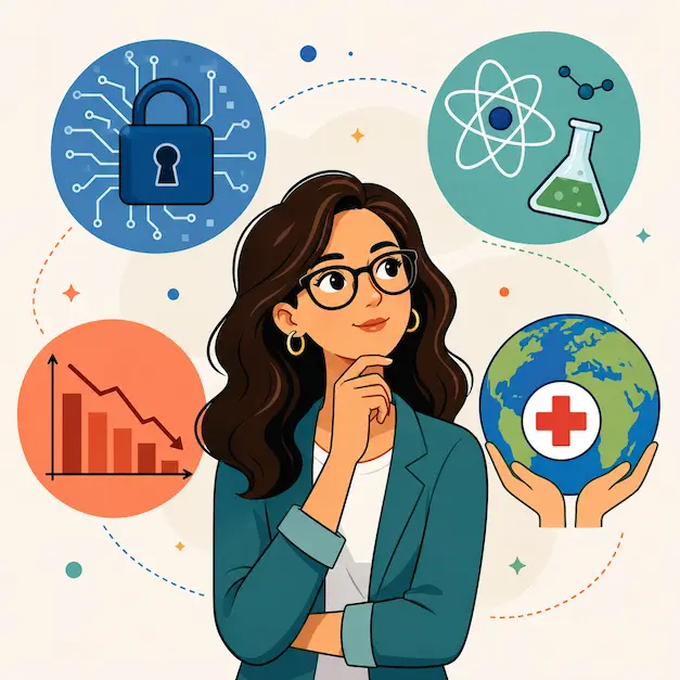 Mujer con gafas rodeada de iconos de ciberseguridad, matemáticas, economía y ayuda humanitaria representando las noticias de IA de julio 2026