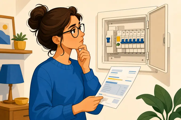 Mujer con gafas revisando el cuadro eléctrico para comprobar si tiene potencia contratada de más
