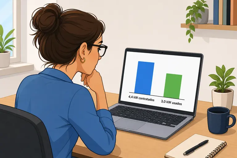 Mujer con gafas comparando en un gráfico la potencia contratada frente a la potencia realmente usada para detectar si tiene potencia contratada de más