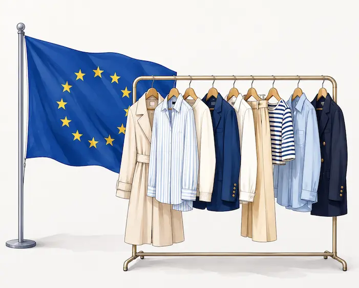 Percha con ropa de marcas europeas junto a la bandera de la Unión Europea