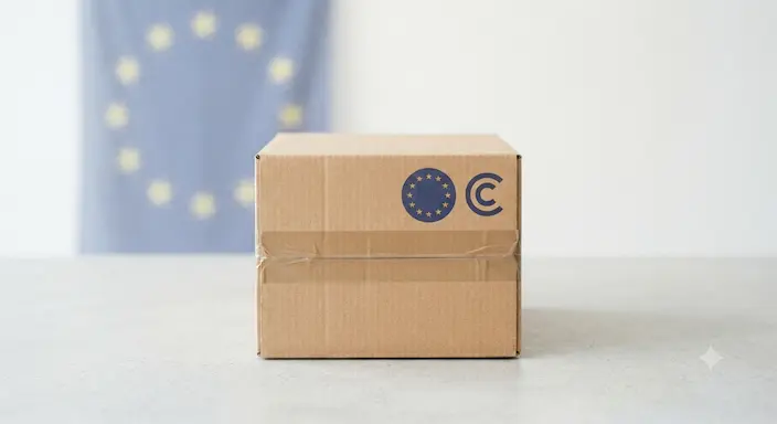 Paquete de aduana con sello de arancel 3 euros y bandera de la Unión Europea