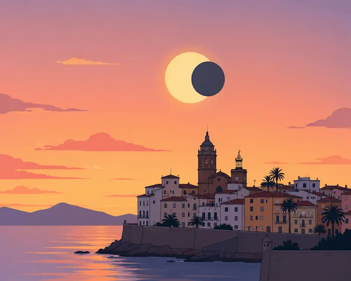 Ilustración de un atardecer con el sol parcialmente cubierto por la luna sobre una ciudad costera española, mostrando por qué se necesitan gafas eclipse solar para observarlo