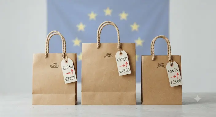 Bolsas de compra low cost con etiquetas de precio subiendo junto a la bandera de la Unión Europea