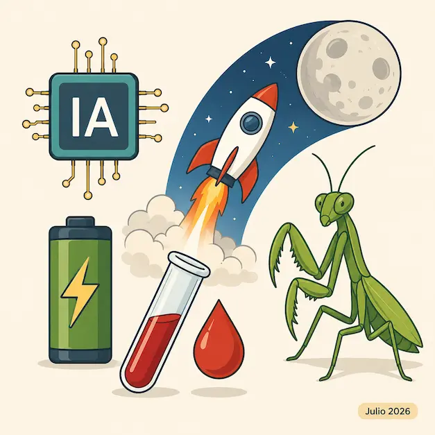 Resumen de ciencia y tecnología julio 2026 con iconos de IA, batería, análisis de sangre, cohete y mantis