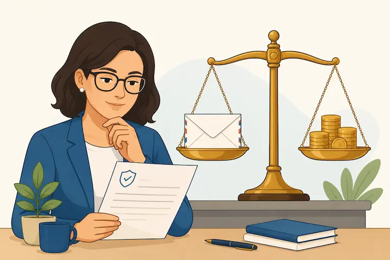 Balanza representando la indemnización tras un retraso de Correos junto a una mujer con gafas revisando su reclamación