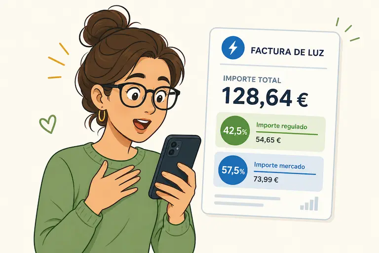 Mujer con gafas sorprendida mirando su factura de la luz tras aplicarse el descuento del bono social eléctrico