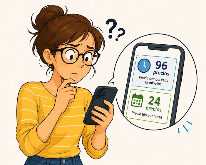 Mujer con gafas confundida mirando dos cifras distintas, PVPC 96 precios y 24 precios, en la pantalla del móvil
