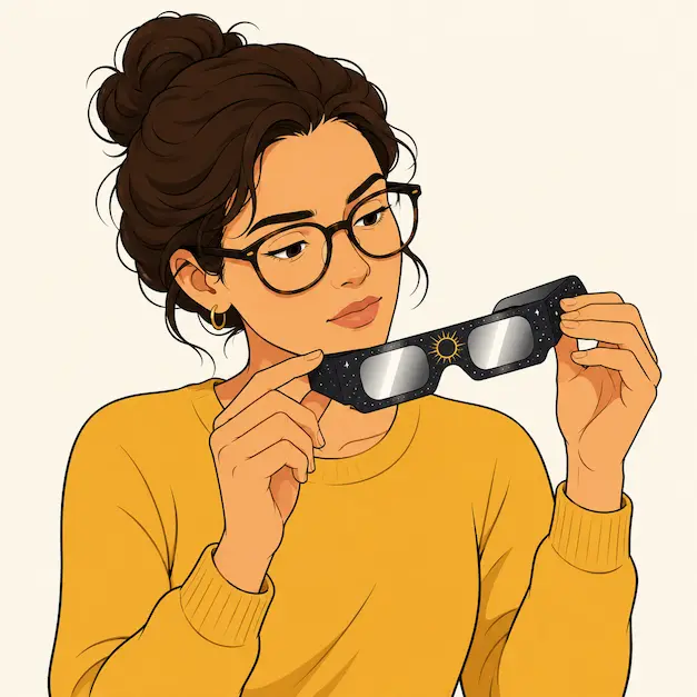 Mujer con gafas sosteniendo unas gafas eclipse solar de filtro plateado, comprobando que estén en buen estado antes de usarlas