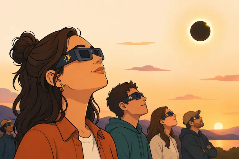 Mujer con gafas observando el cielo con sus gafas eclipse solar puestas junto a otras personas también protegidas durante el atardecer