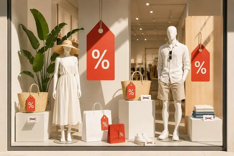 Escaparate con rebajas de verano y descuentos visibles