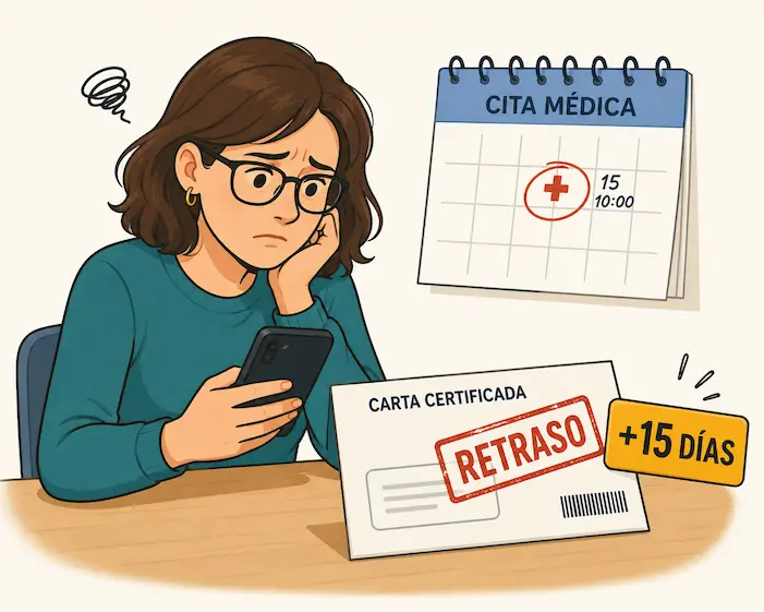 Mujer con gafas preocupada por un retraso de Correos que le hizo perder una cita médica
