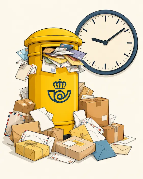 Buzón de correos desbordado representando un retraso de Correos con paquetes y cartas acumuladas