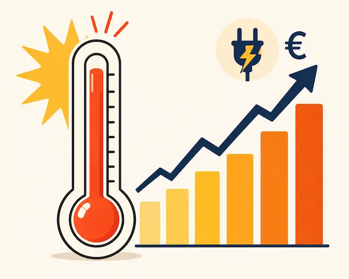 Termómetro marcando temperatura muy alta junto a un gráfico de precios eléctricos, representando la factura luz calor de julio de 2026