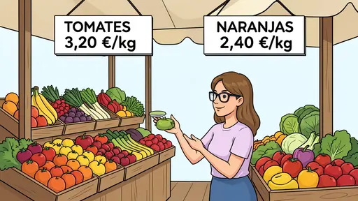 Mujer con gafas compara etiquetas de precios por kilogramo en un puesto de frutas y verduras