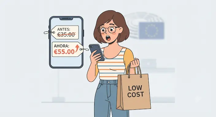 Mujer con gafas comparando en su móvil el precio de una tienda low cost y una tienda europea