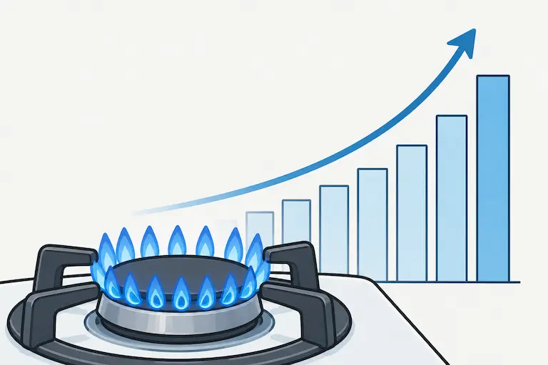 Llama de una cocina de gas junto a una gráfica ascendente representando la subida de la TUR gas 2026