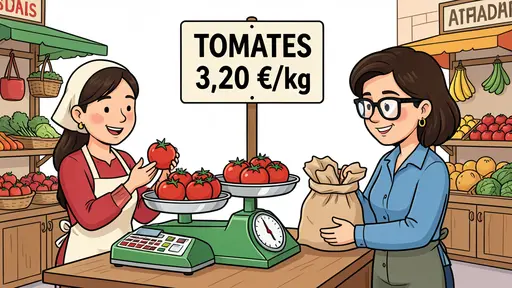 Vendedora pesa tomates a granel mientras una clienta consulta el precio por kilogramo en mercados