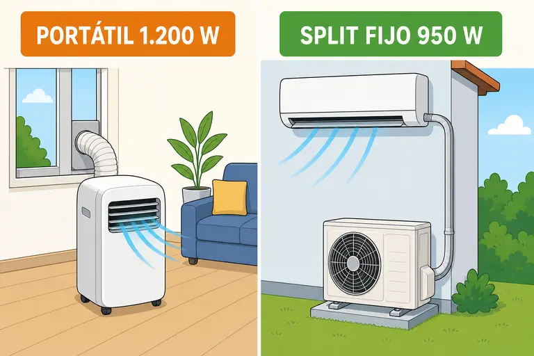 Comparativa del consumo aire acondicionado portátil frente a un split fijo con sus dos unidades, con las etiquetas 1.200 W y 950 W