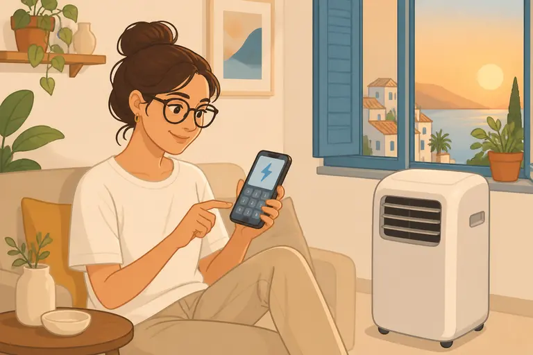Mujer con gafas comprueba en su móvil el consumo aire acondicionado portátil tras usar la calculadora de factura eléctrica