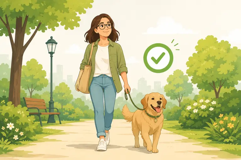 Mujer con gafas paseando tranquila con su perro tras contratar el seguro para mascotas adecuado